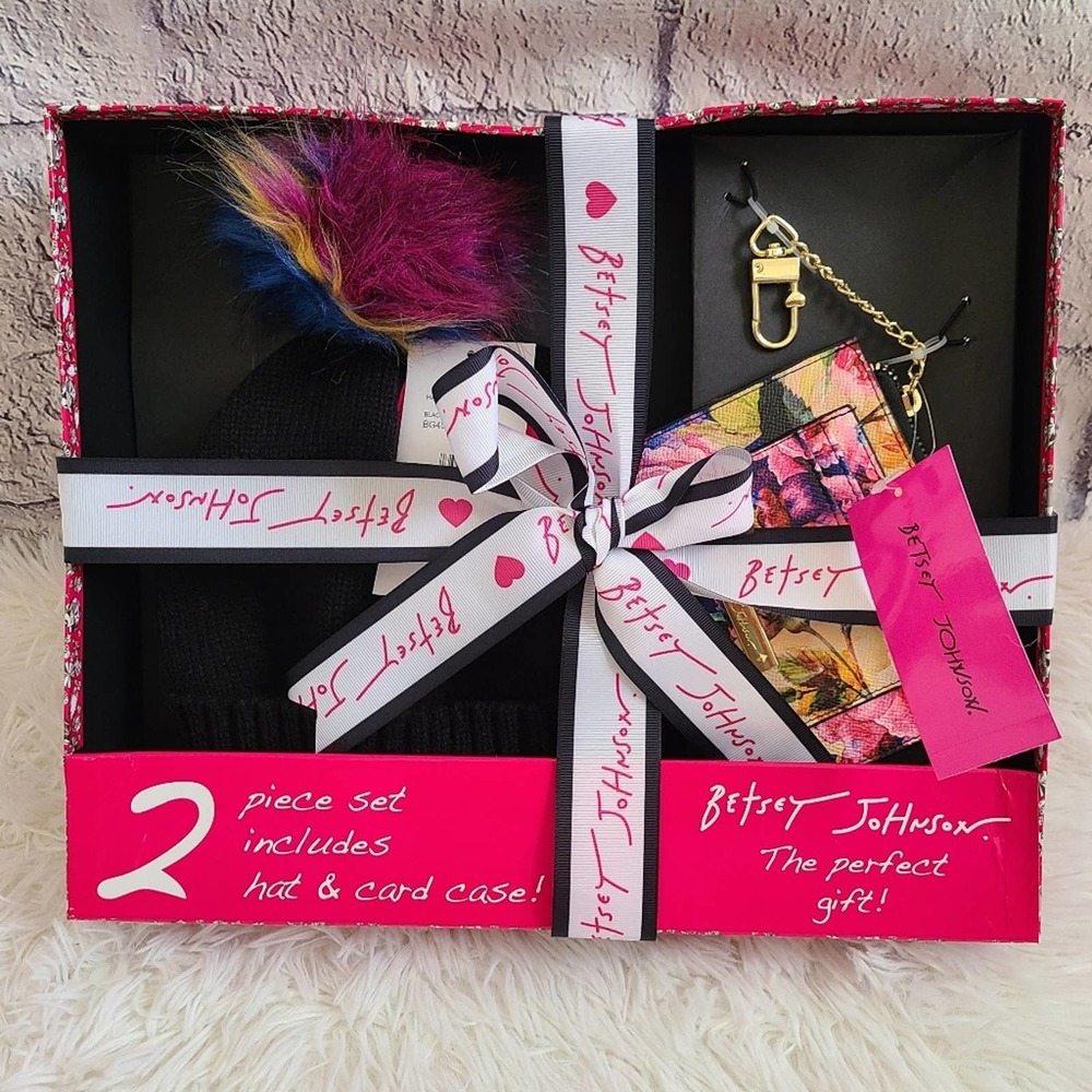 Betsey Johnson Black Hat And Floral Card Case Wallet Gift Box Set NWT